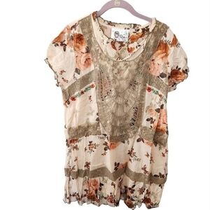 Handmade Spanish Boutique Boho Shirt Dress Brown tunic Crochet lace 70s cotton L